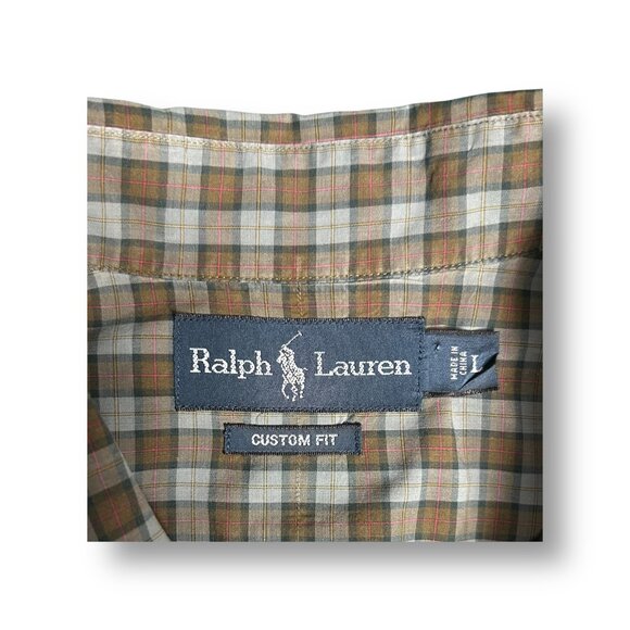 Ralph Lauren Men's L Custom Fit Brown Blue Plaid Long Sleeve Button Down Shirt - Picture 6 of 7